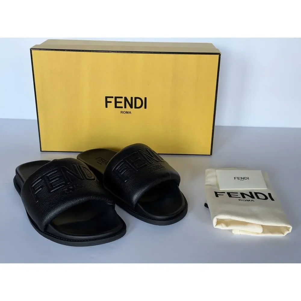 Fendi Men's Roma Leather Slide Sandals Black 9 US/8 UK IT 7X1649 NIB $750